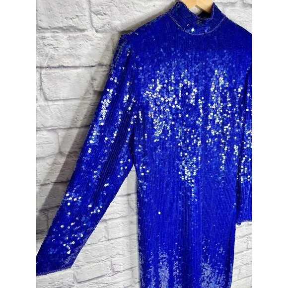 SCARLET RAGE Women's Vintage Blue Sequin Silk High Neck Sheath Dress Large - Picture 3 of 8